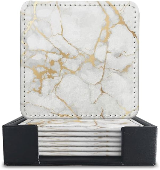 6-Piece White Marble Coaster Set with Gold Veins – Square Drink Coasters with Holder