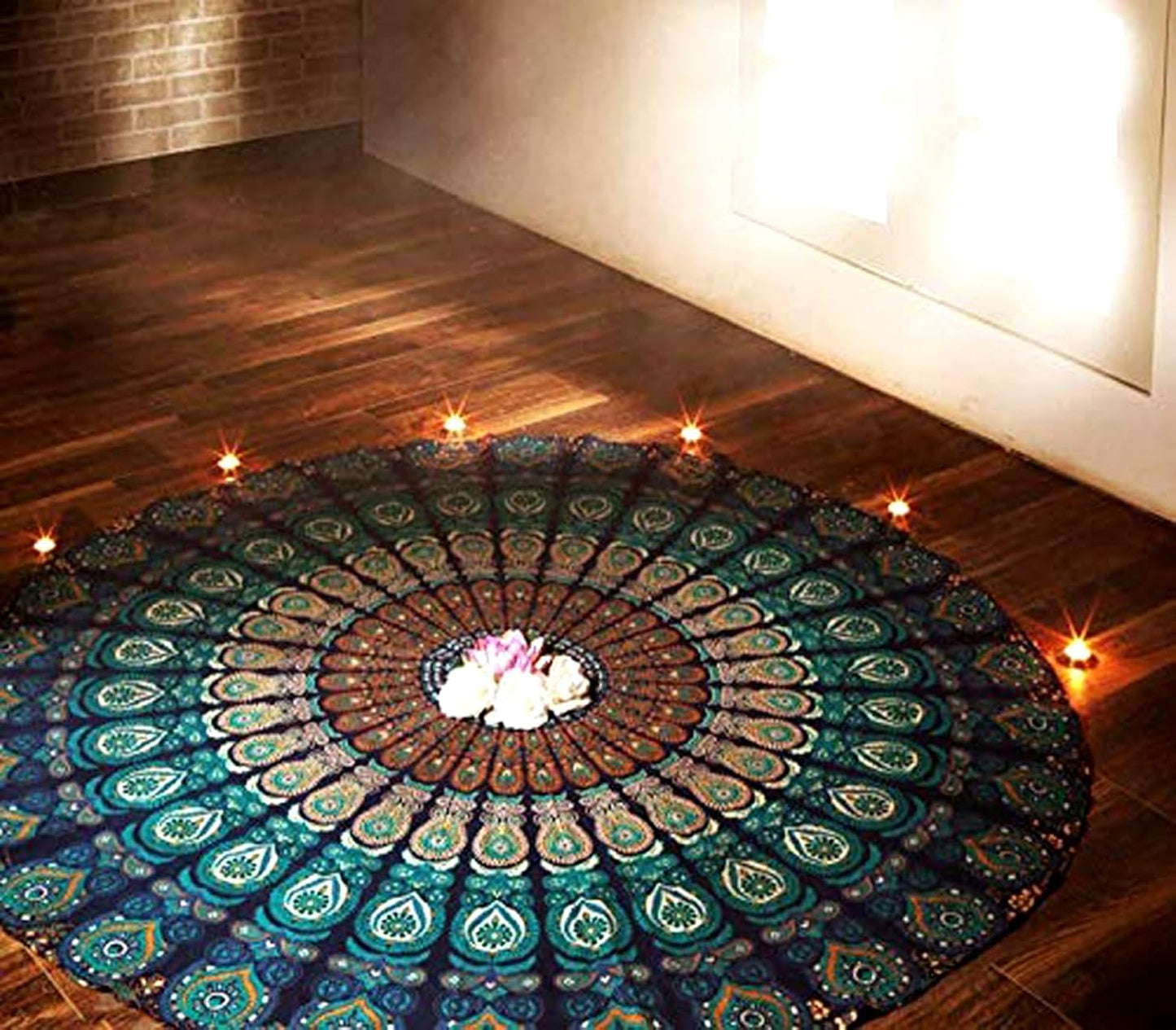 Raajsee Turquoise Round Mandala Tapestry – Boho Beach Blanket, Yoga Mat & Home Decor