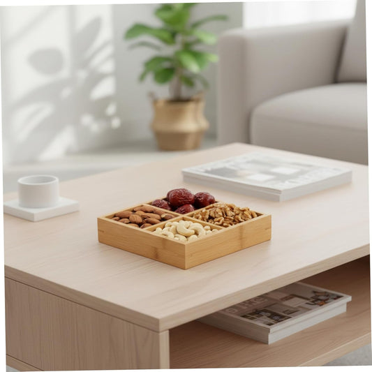 Divided Bamboo Serving Tray – 4-Compartment Wooden Platter for Snacks & Appetizers