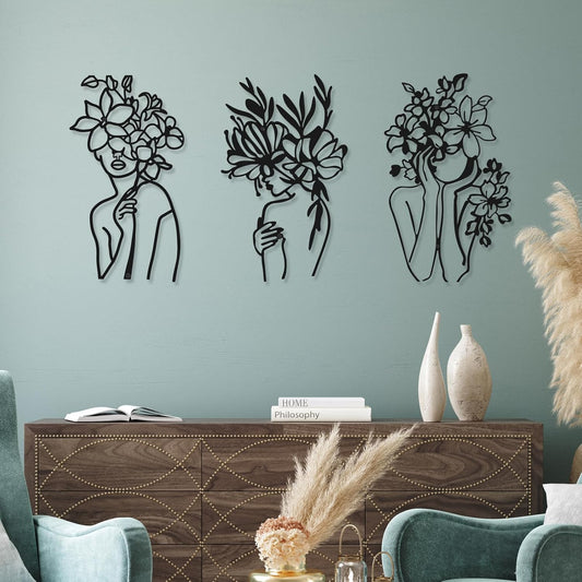 Photect 3-Piece Metal Wall Art – Minimalist Abstract Woman Line Drawing Decor