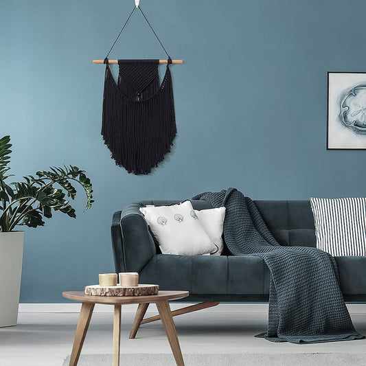 Black Macrame Geometric Wall Hanging – Handmade Boho Home Decor (14×18.5 in)