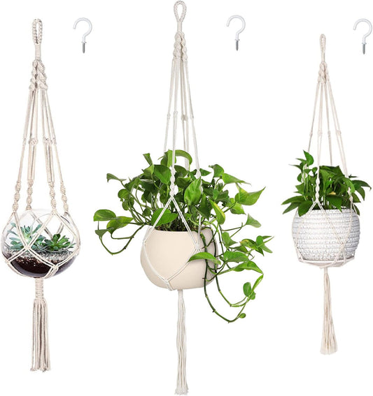 MIPON 3-Pack Macrame Plant Hanger – Boho Indoor Hanging Planters (Ivory)
