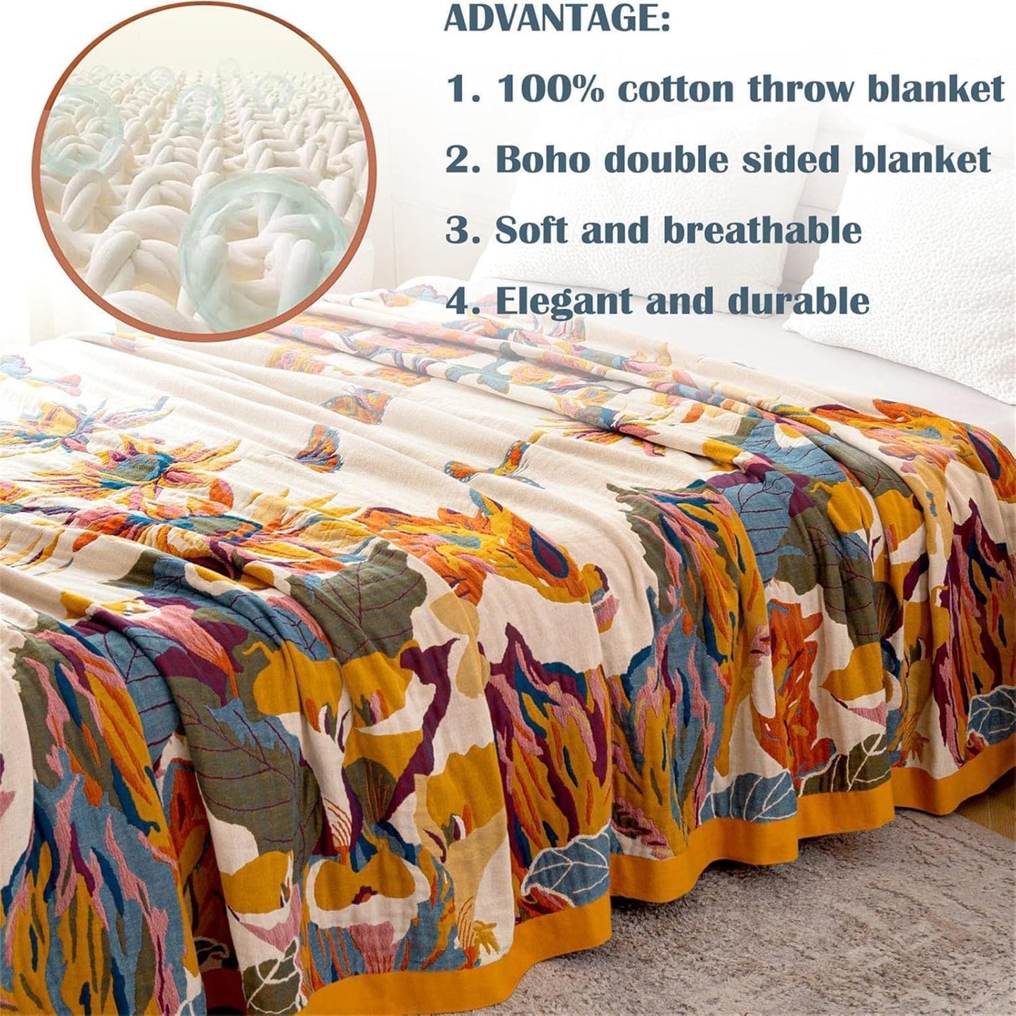 MSGKV Boho Cotton Throw Blanket – Floral Cozy Cover for Couch & Sofa