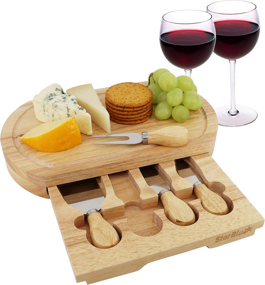 StarBlue Wooden Cheese Board Set – Large Oak Platter with 4 Knives & Slide-Out Drawer