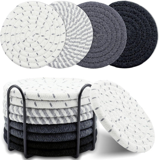 8-Piece Cotton Woven Drink Coaster Set with Holder – Minimalist & Absorbent (4 Colors)