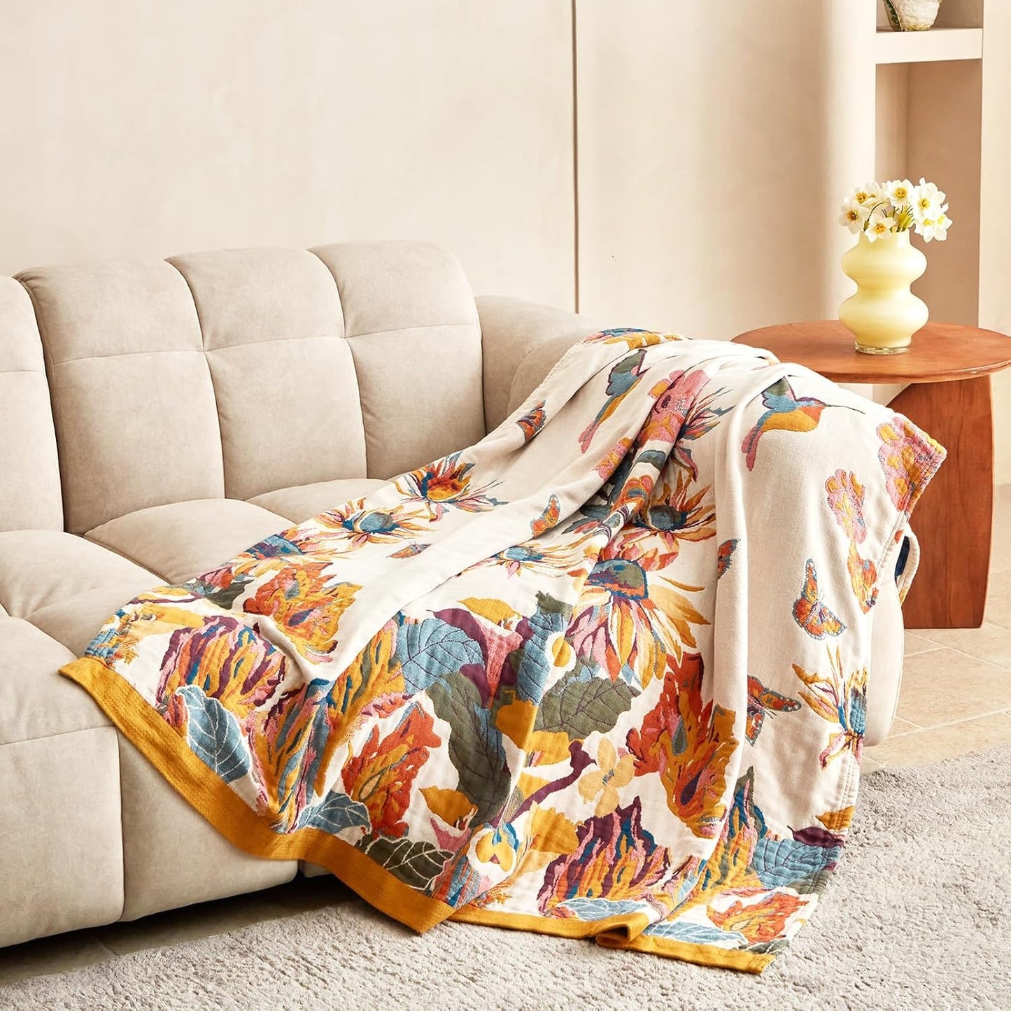 MSGKV Boho Cotton Throw Blanket – Floral Cozy Cover for Couch & Sofa