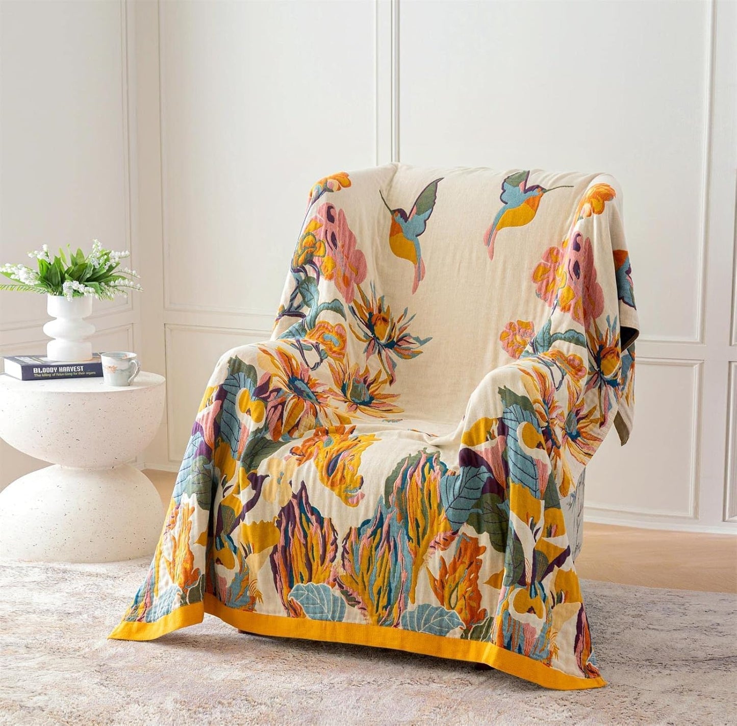 MSGKV Boho Cotton Throw Blanket – Floral Cozy Cover for Couch & Sofa