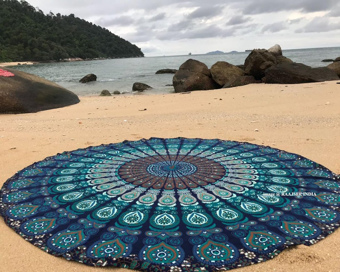 Raajsee Turquoise Round Mandala Tapestry – Boho Beach Blanket, Yoga Mat & Home Decor