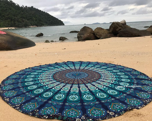 Raajsee Turquoise Round Mandala Tapestry – Boho Beach Blanket, Yoga Mat & Home Decor