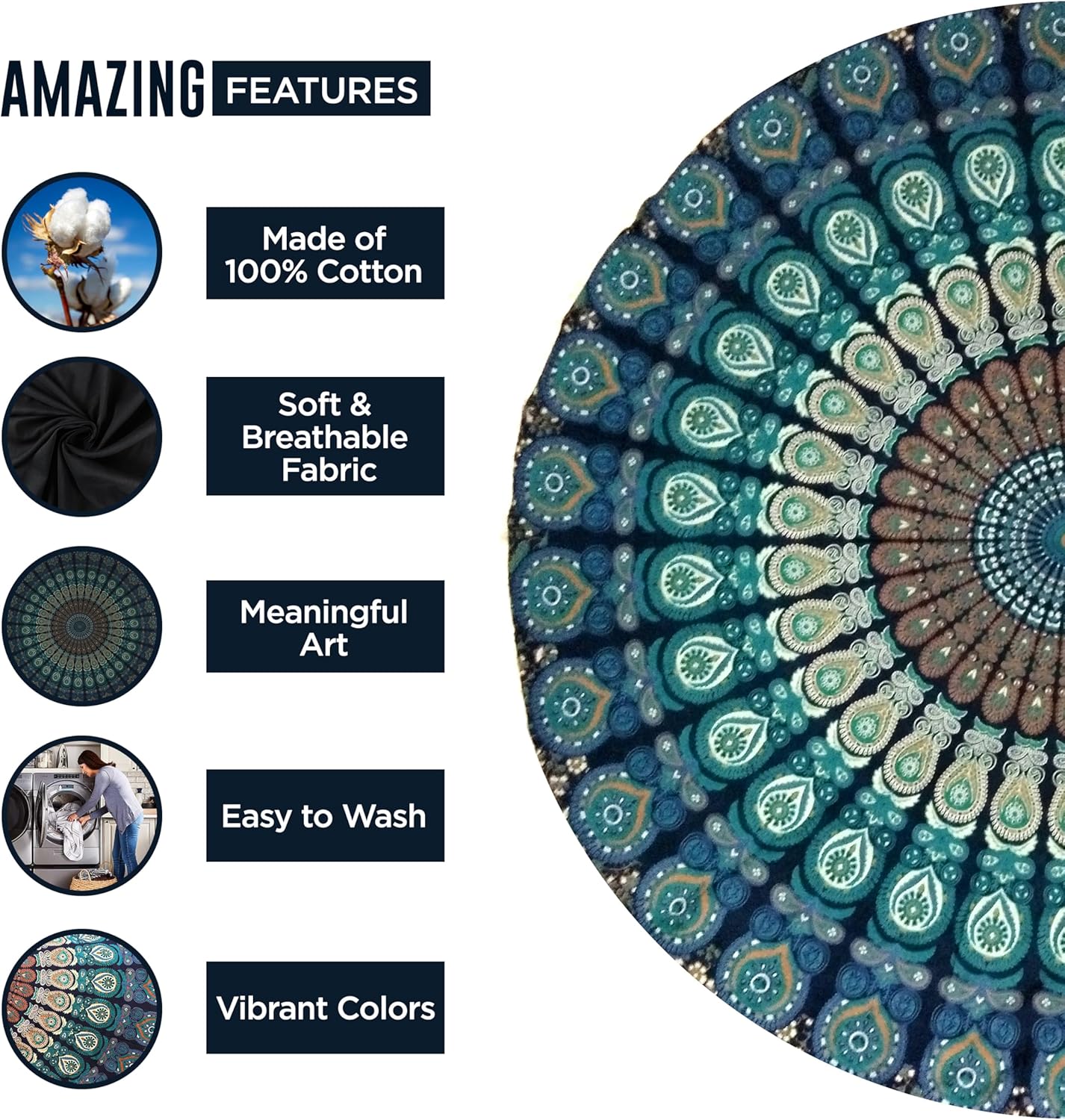 Raajsee Turquoise Round Mandala Tapestry – Boho Beach Blanket, Yoga Mat & Home Decor